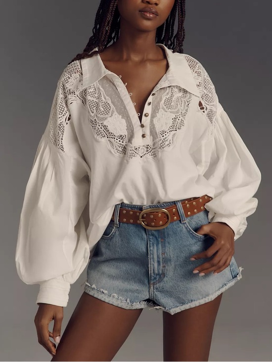 Anthropologie Tops - Maeve Anthropologie Balloon-Sleeve Collared Yoke Top white size L